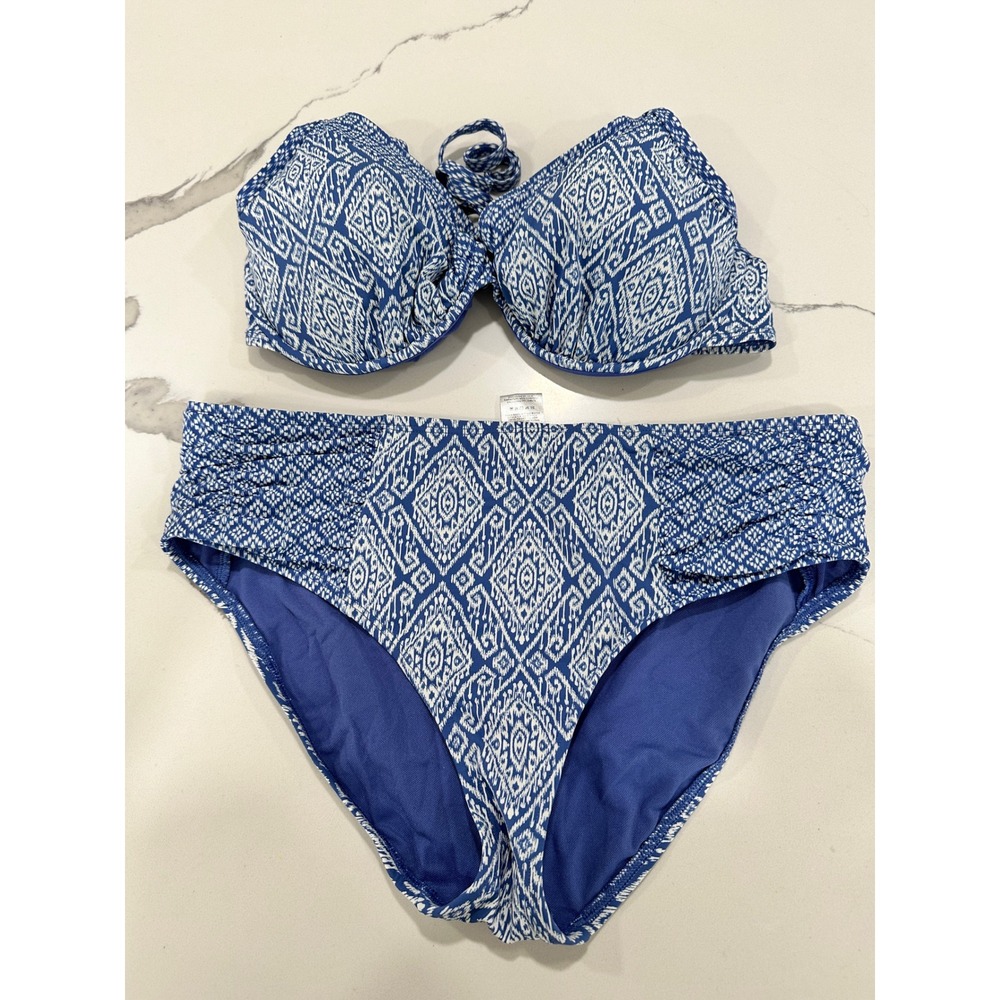 Skye Swimwear Bikini Set Blue White Geometric Print‎ High Waist Women's L/G